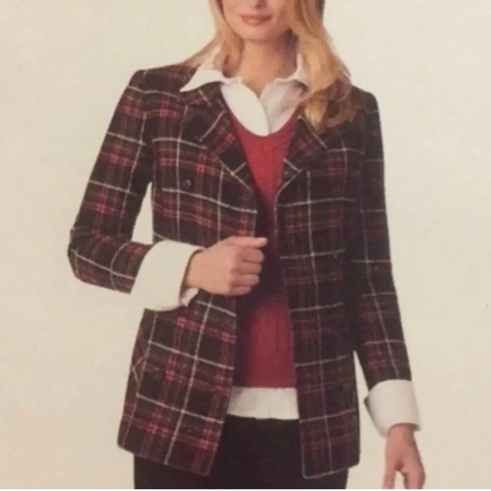 Vintage Cabi 165 Black Red Green White Manhattan Tartan Plaid Blazer Size 8